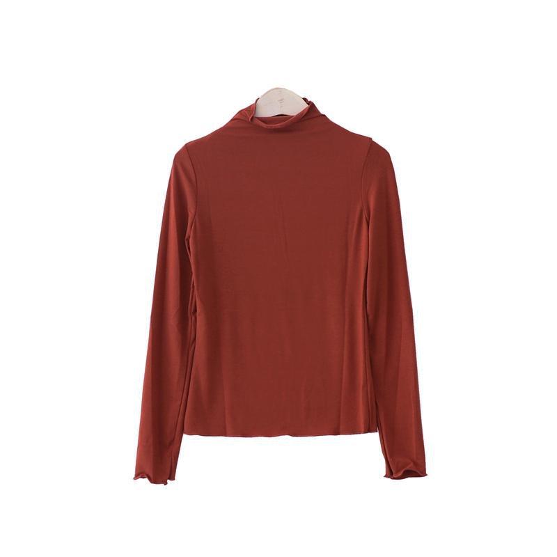 Curly Edge High Neck Long Sleeve Simple Colors Cotton Slim Blouse