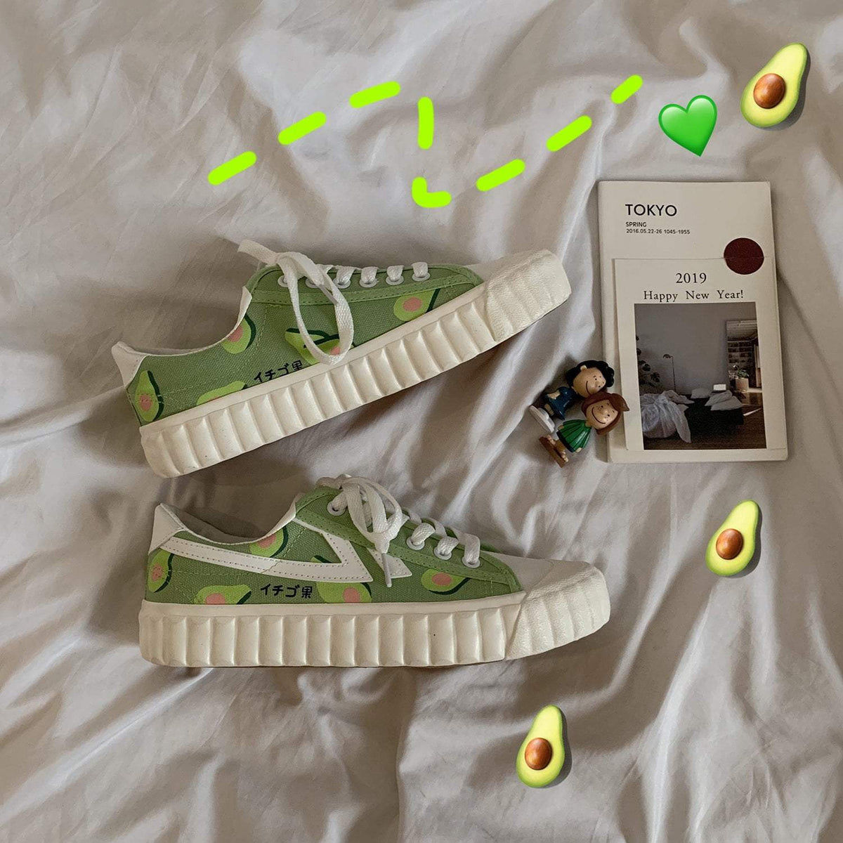 Cute Avocado Green Print Flat Platform Sneakers