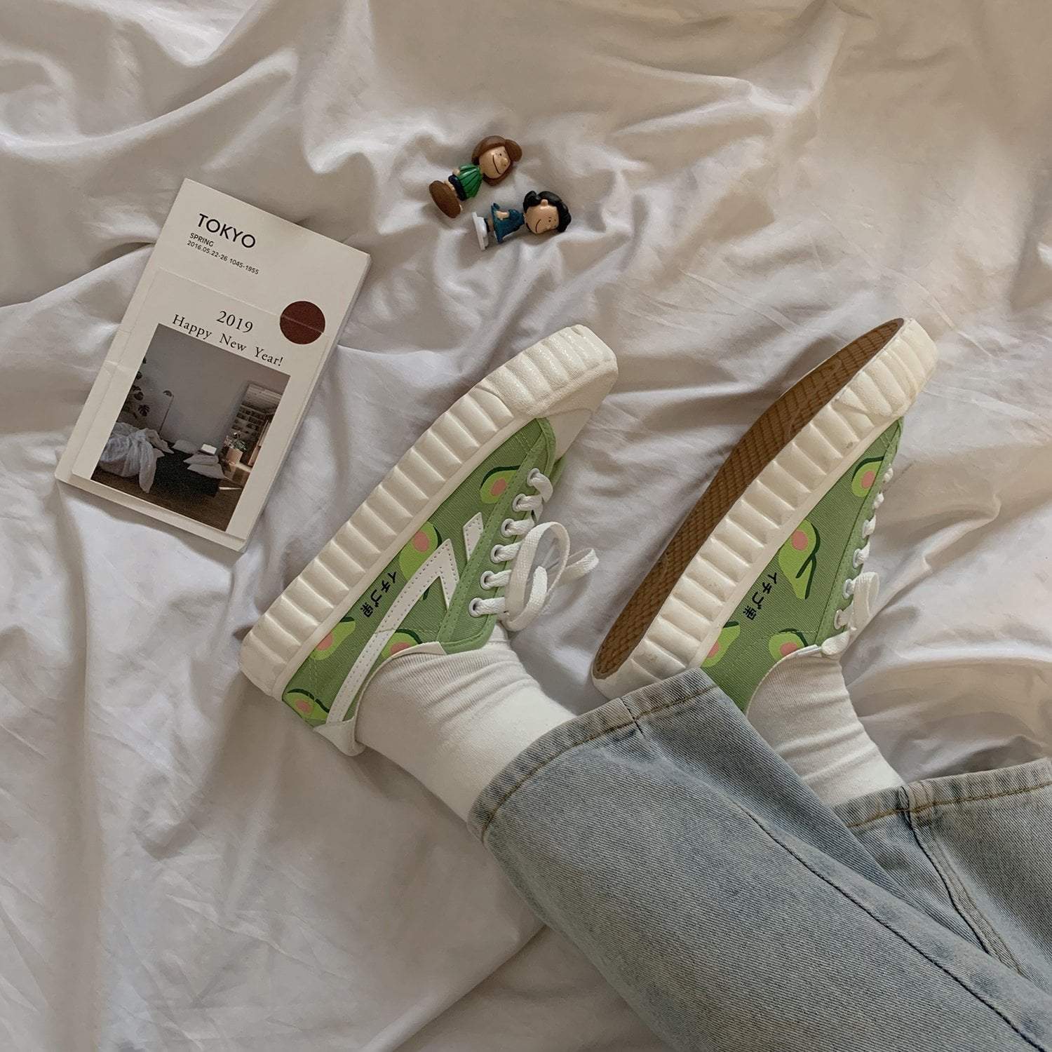 Cute Avocado Green Print Flat Platform Sneakers