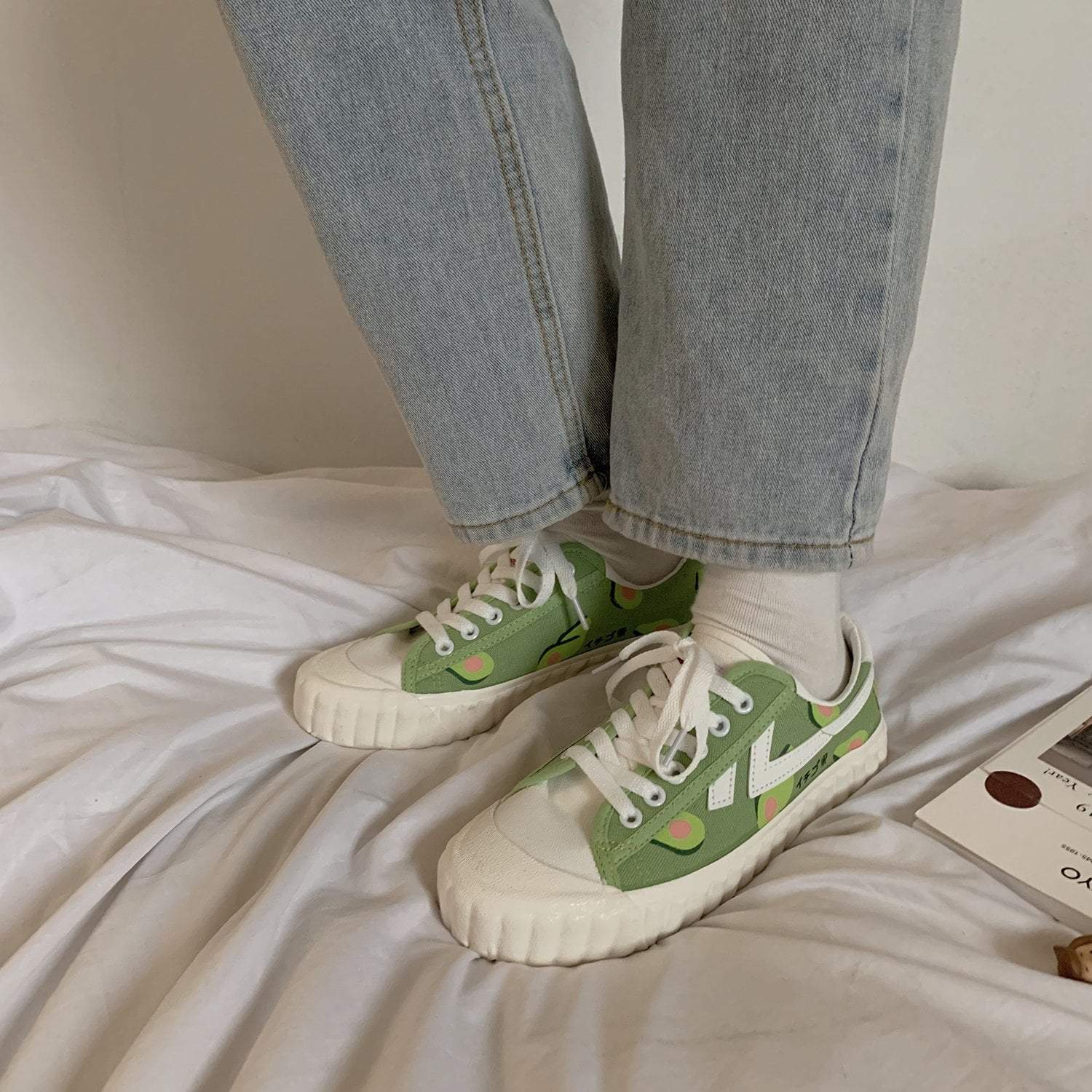 Cute Avocado Green Print Flat Platform Sneakers