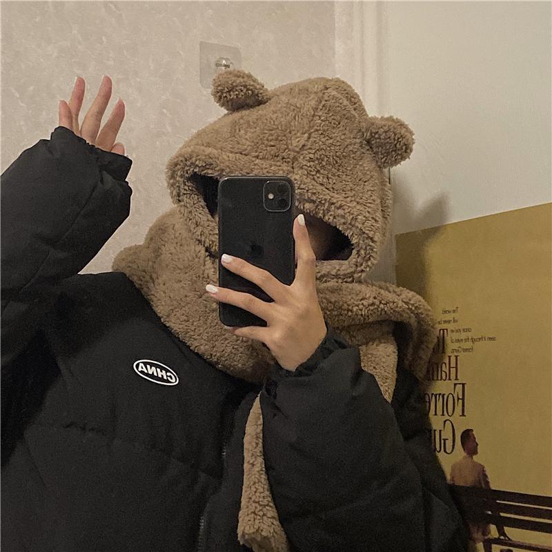 Cute Bear Ears Plush Faux Fur Warm Hooded Scarf