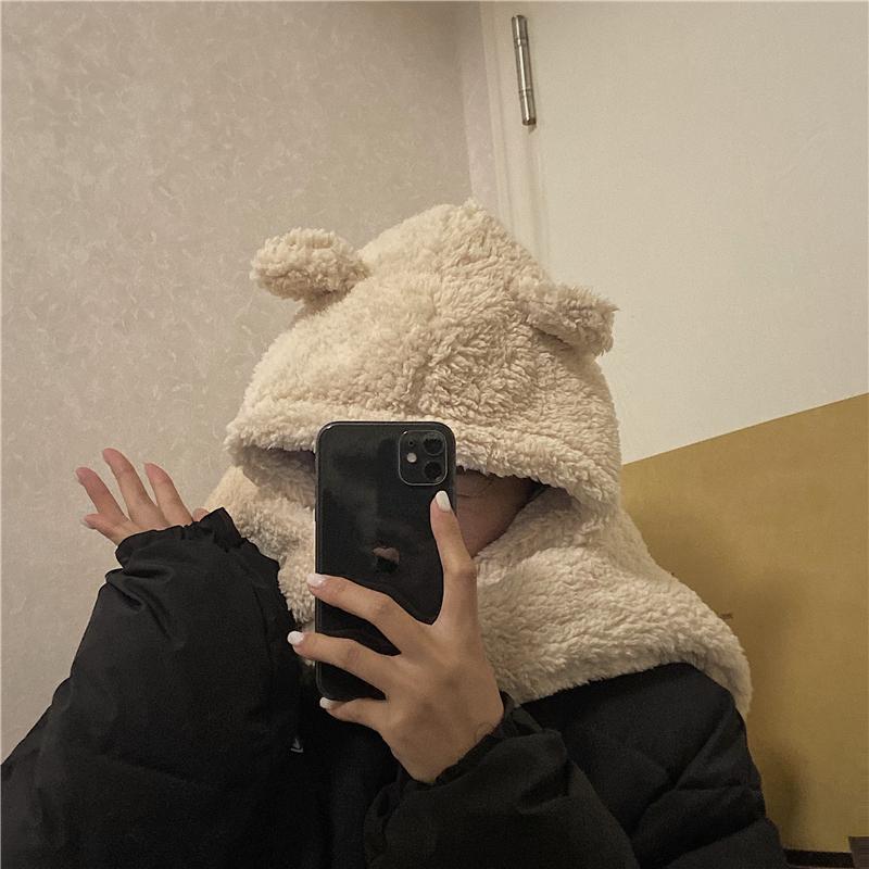 Cute Bear Ears Plush Faux Fur Warm Hooded Scarf