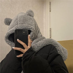 Cute Bear Ears Plush Faux Fur Warm Hooded Scarf