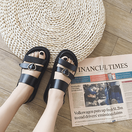 Cute Black Pu Leather Heart Buckle Sandals