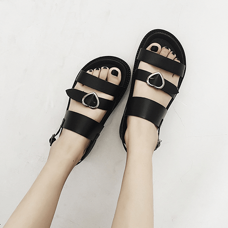 Cute Black Pu Leather Heart Buckle Sandals