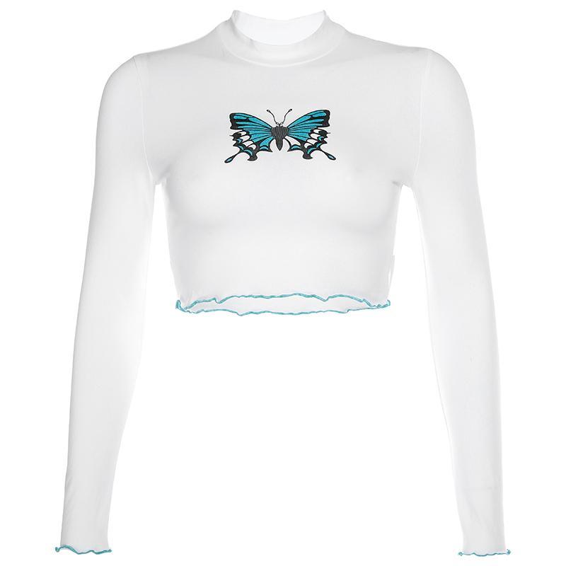 Cute Butterfly Print Ruffled Edges Slim White Crop Top