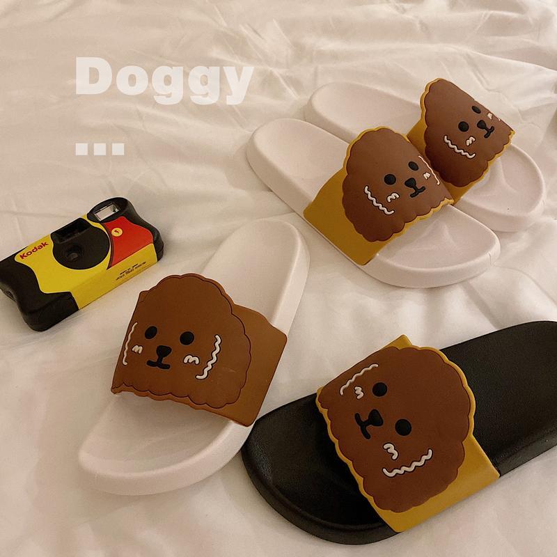 Cute Dog Rubber Flat Black White Slipper Sandals