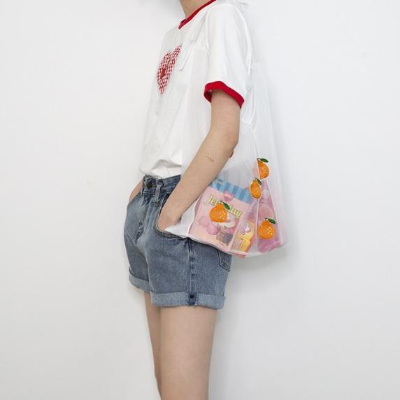 Cute Embroidered Fruits Mesh Shopping Thin Tote Bag