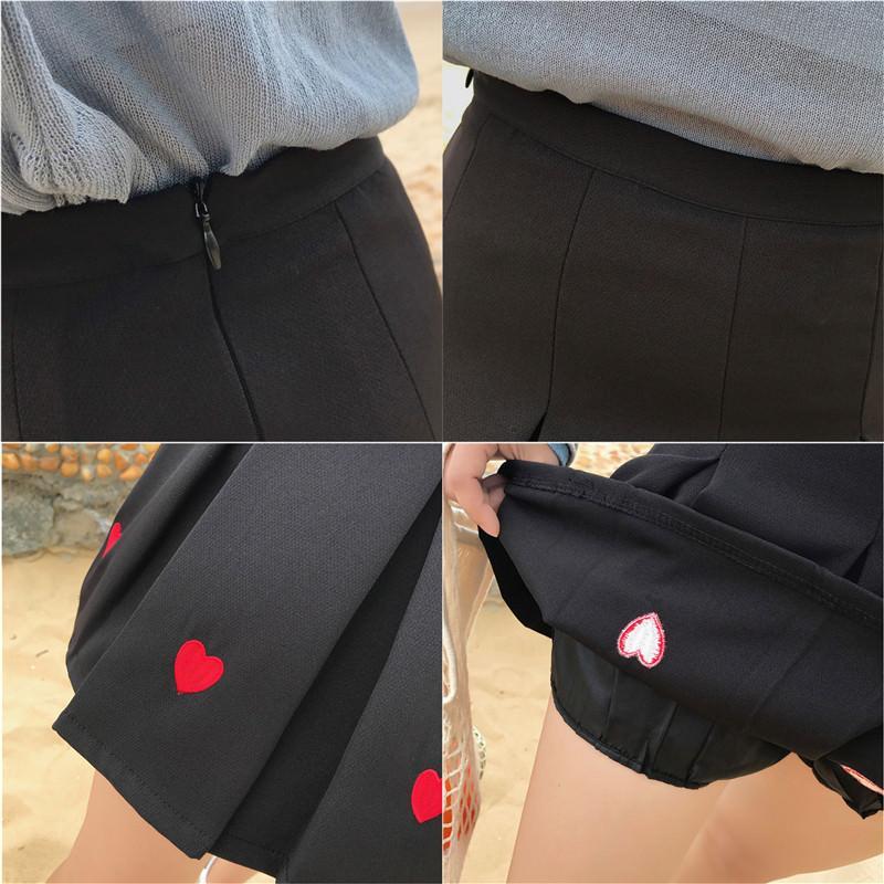 Cute Hearts Embroidery Pleated Black Pink Aesthetic Skirt