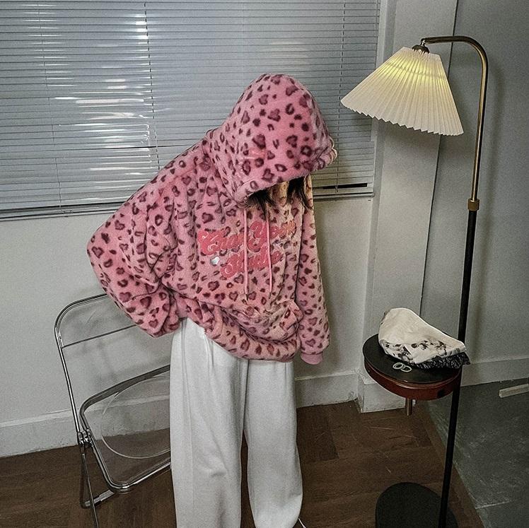 Cute Pink Leopard Print Soft Hooded Sweatshirt