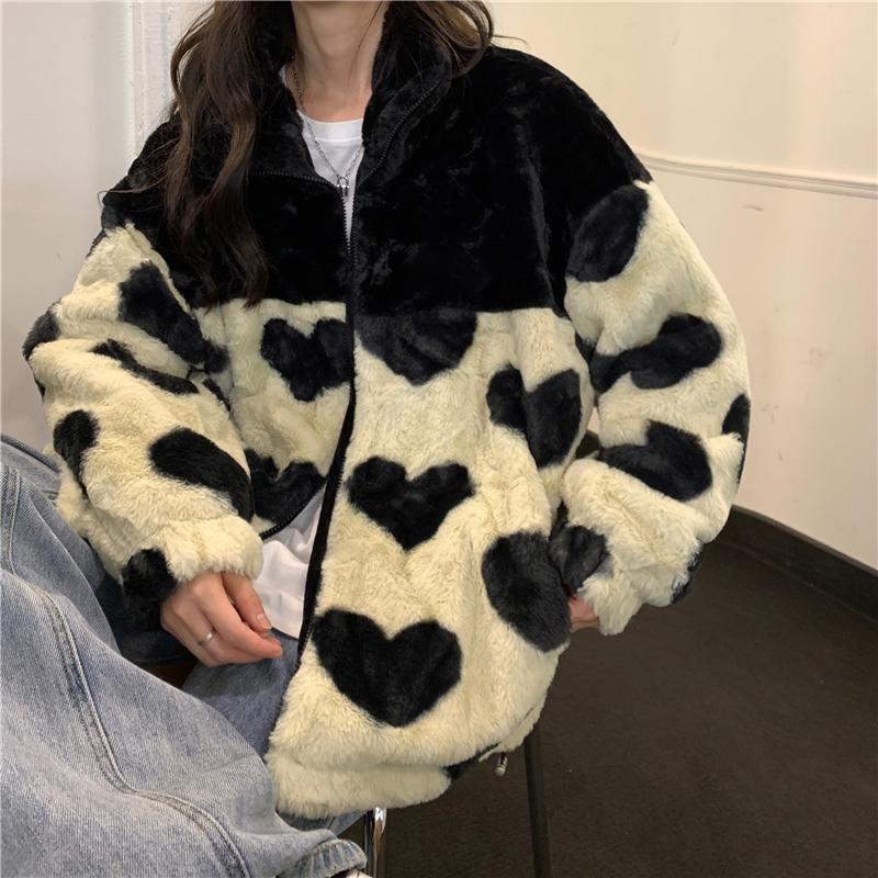 Cute Printed High Collar Fluffy Cotton Padded Jacket