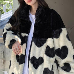 Cute Printed High Collar Fluffy Cotton Padded Jacket