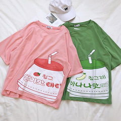 Cute Strawberry Milk Box Printed Oversized T-Shirt