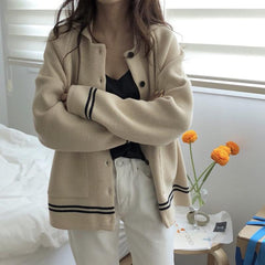 Cute Stripes Edge Beige Blue Cardigan Sweater