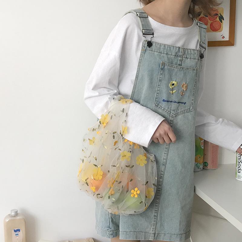 Cute Tiny Embroidered Flowers Transparent Mesh Bag