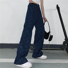 Denim 90S Aesthetic Heart Print Wide Leg Jeans