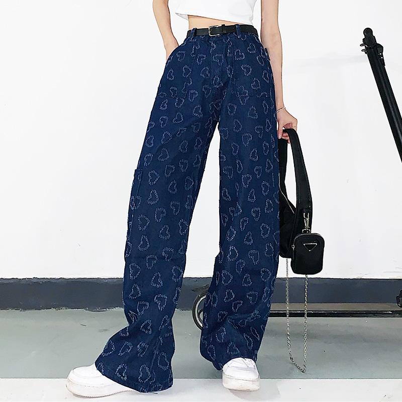 Denim 90S Aesthetic Heart Print Wide Leg Jeans