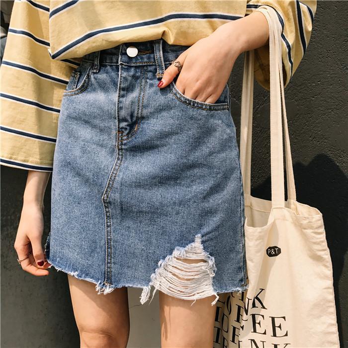 Denim Above Knee Side Ripped Cute Skirt