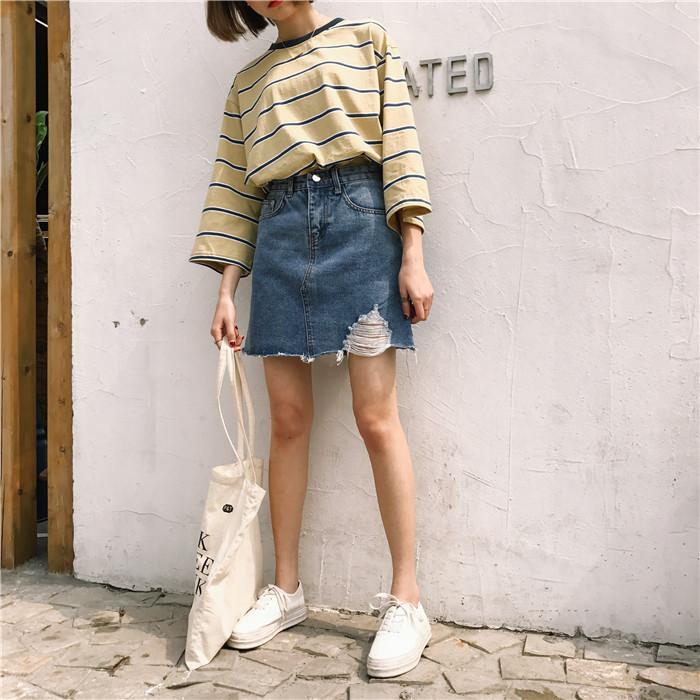 Denim Above Knee Side Ripped Cute Skirt