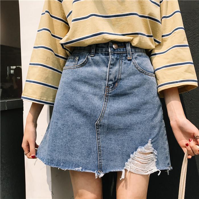 Denim Above Knee Side Ripped Cute Skirt