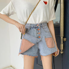 Denim Colorful Patches Fringe Light Blue Mini Skirt