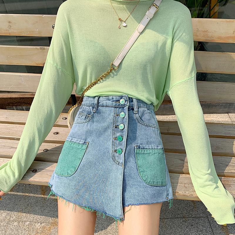 Denim Colorful Patches Fringe Light Blue Mini Skirt