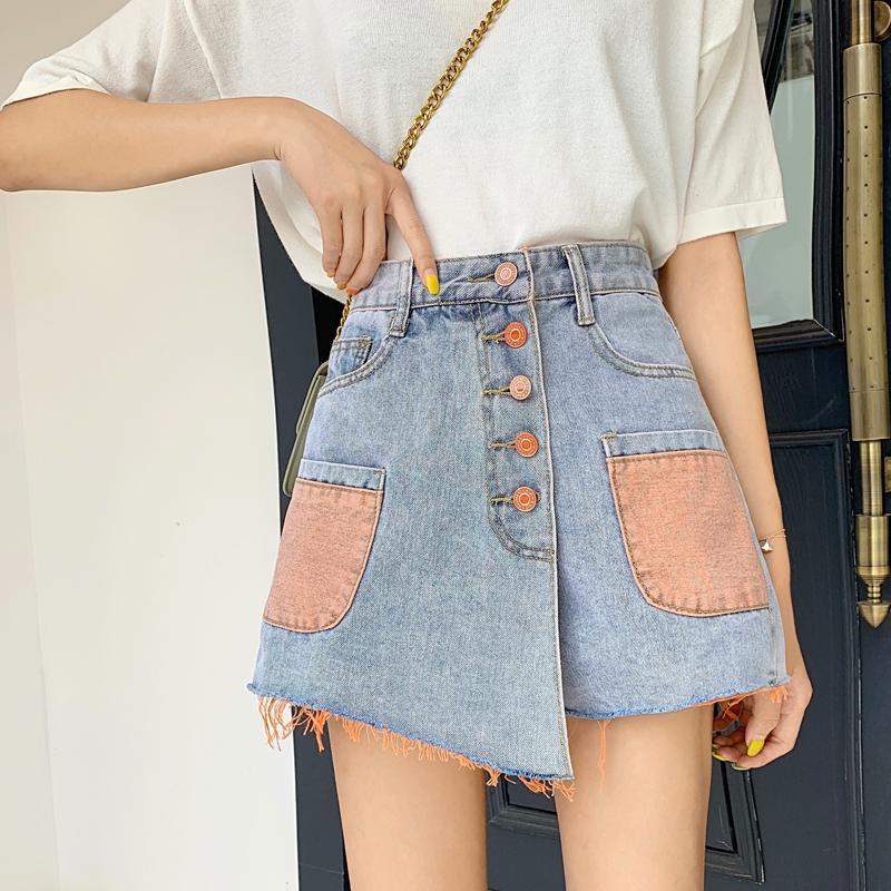 Denim Colorful Patches Fringe Light Blue Mini Skirt