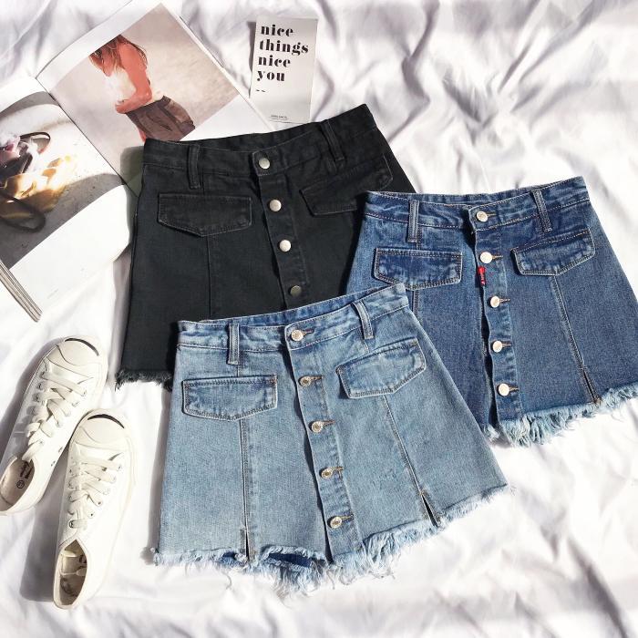 Denim Front Buttons Jean Skirt With Hidden Shorts