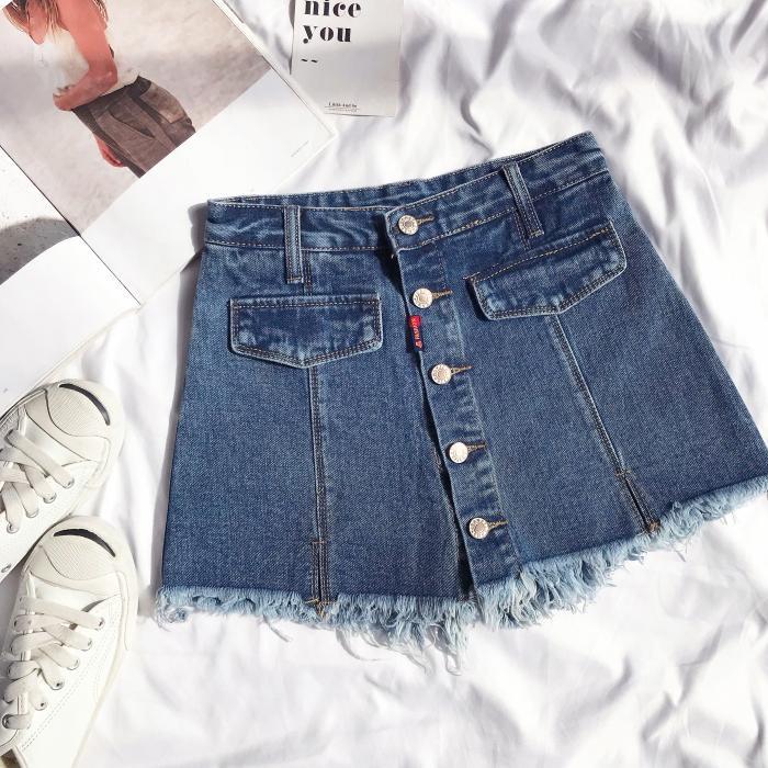 Denim Front Buttons Jean Skirt With Hidden Shorts