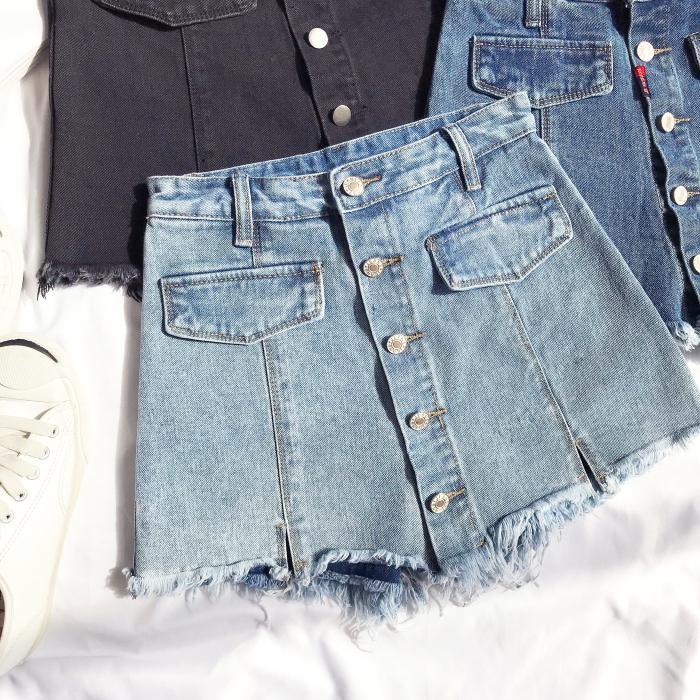 Denim Front Buttons Jean Skirt With Hidden Shorts