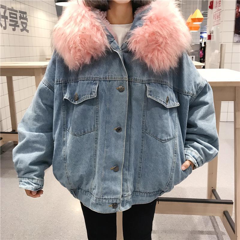 Denim Jean Pink White Faux Fur Hood Outwear Jacket