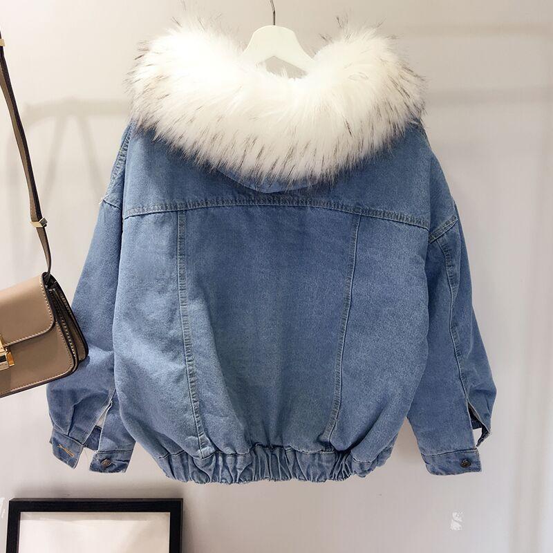 Denim Jean Pink White Faux Fur Hood Outwear Jacket