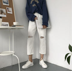 Denim Ripped Knee Holes White Black Oversized Jeans