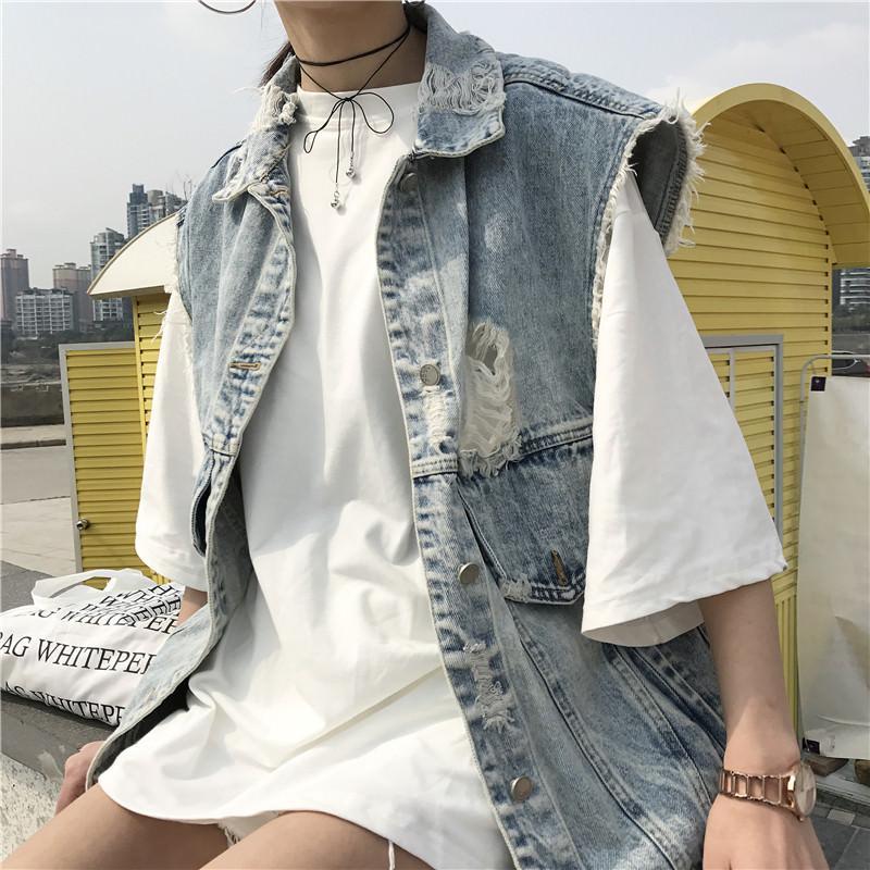 Denim Sleeveles Ripped Grunge Vest