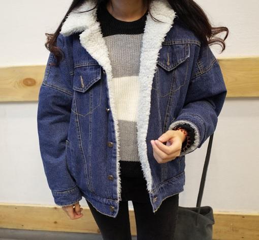 Denim Wite Fluffy Collar Buttons Outwear Warm Jacket