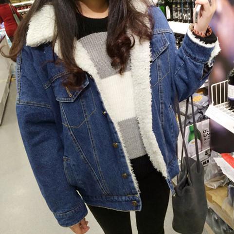 Denim Wite Fluffy Collar Buttons Outwear Warm Jacket