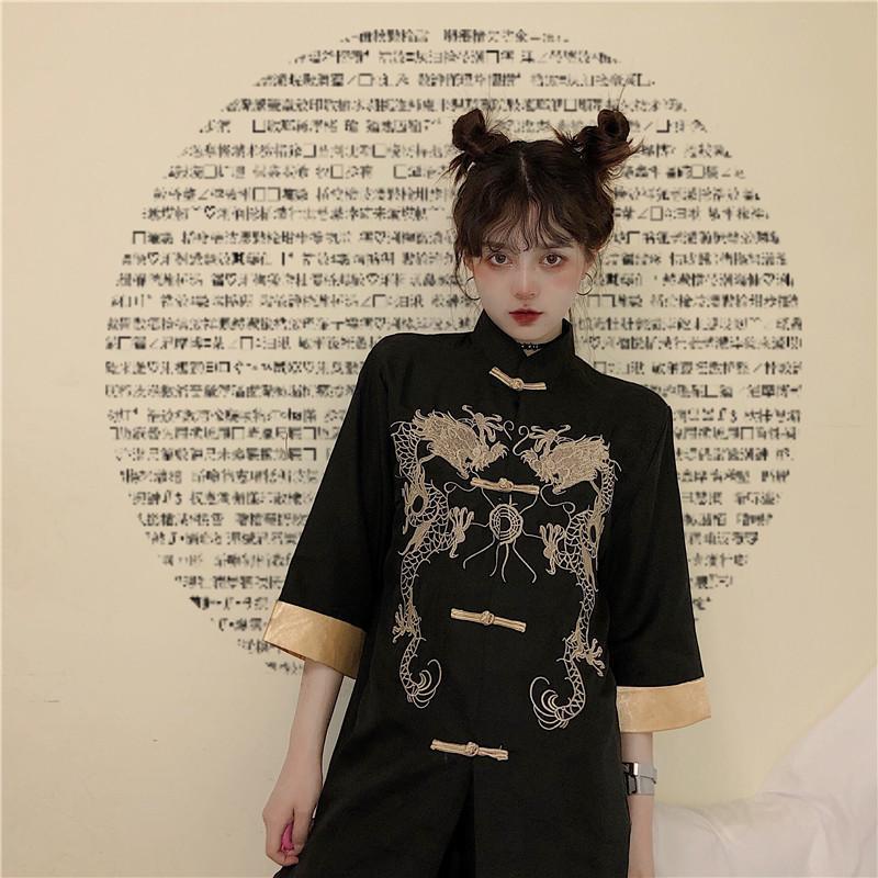 Dragon Chinese Style Embroidery Elegant Loose Blouse