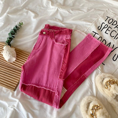 Egirl Pink Color Block Stitching Fringe Straight Pants