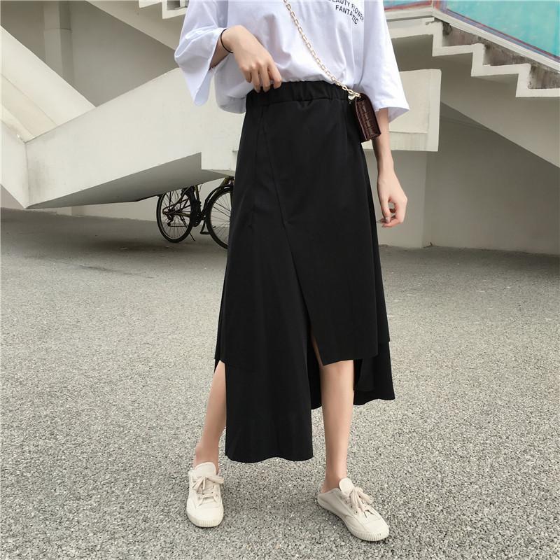 Elegant Black Assymetric Wrap Elastic Waist Long Skirt