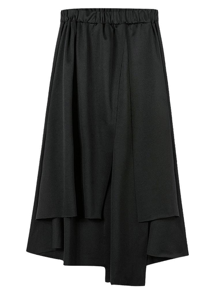 Elegant Black Assymetric Wrap Elastic Waist Long Skirt