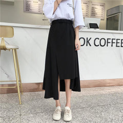 Elegant Black Assymetric Wrap Elastic Waist Long Skirt