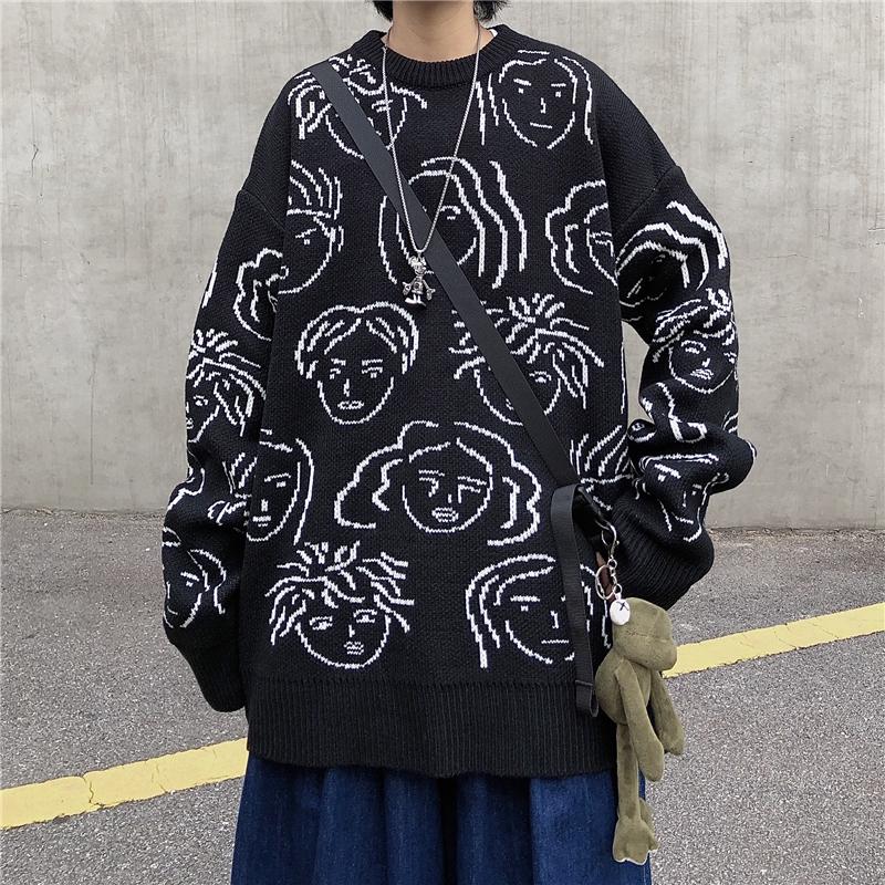 Faces Abstract Print E Girl Knit Loose Sweater