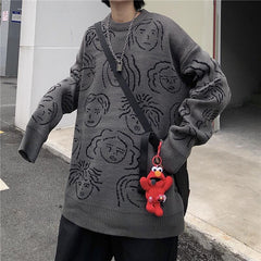 Faces Abstract Print E Girl Knit Loose Sweater