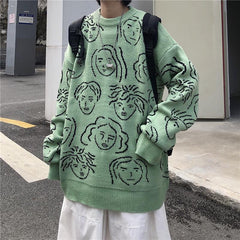 Faces Abstract Print E Girl Knit Loose Sweater