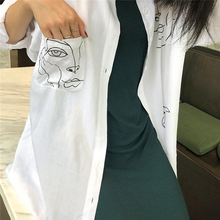 Faces Drawnings Long Oversized Chiffon White Black Collar Blouse