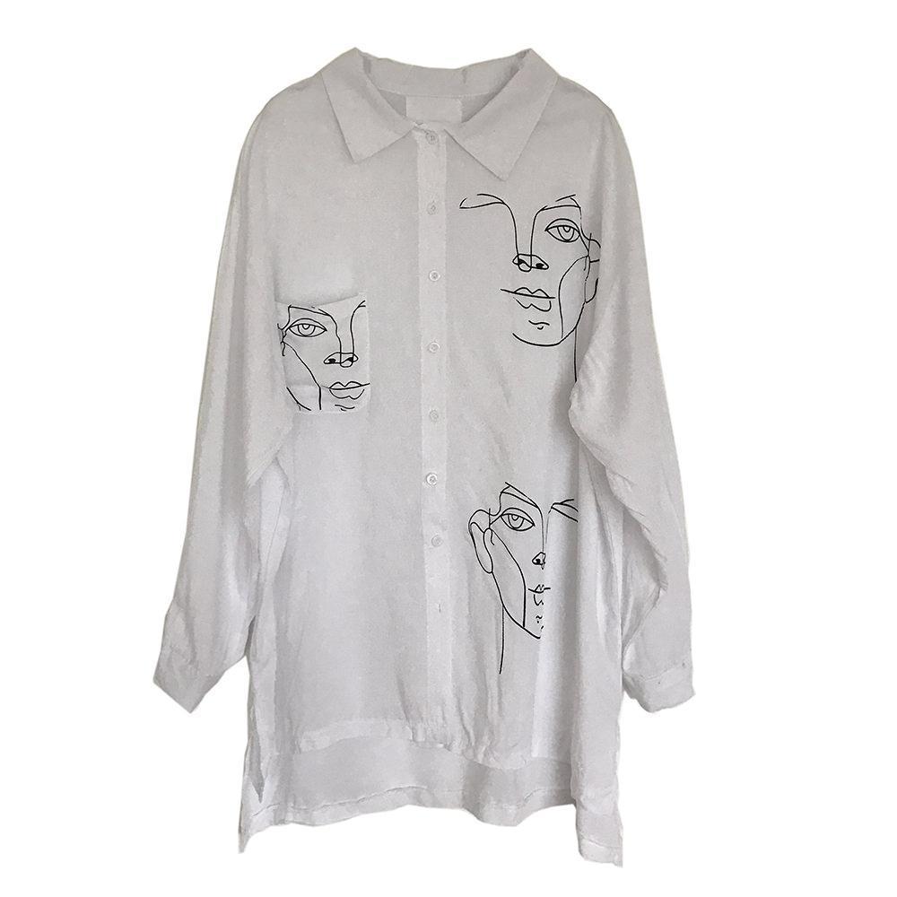 Faces Drawnings Long Oversized Chiffon White Black Collar Blouse