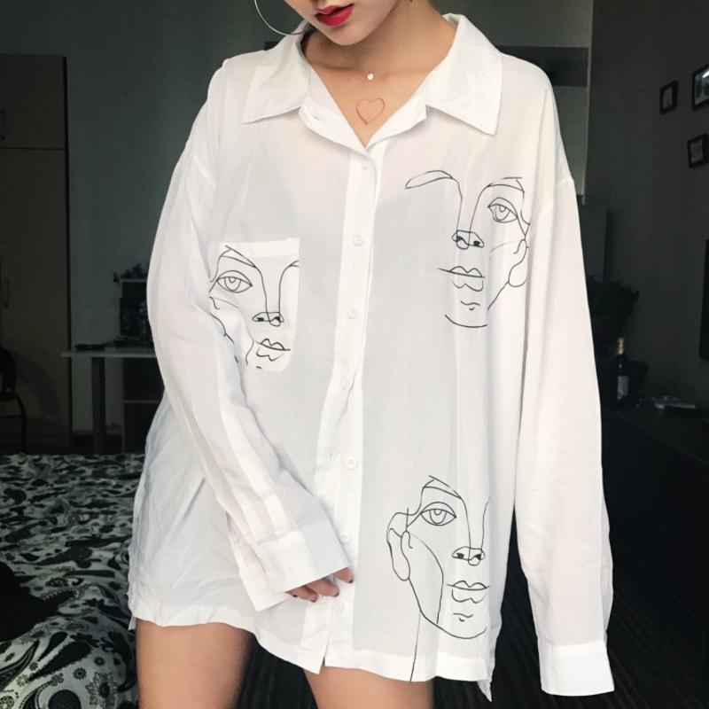 Faces Drawnings Long Oversized Chiffon White Black Collar Blouse