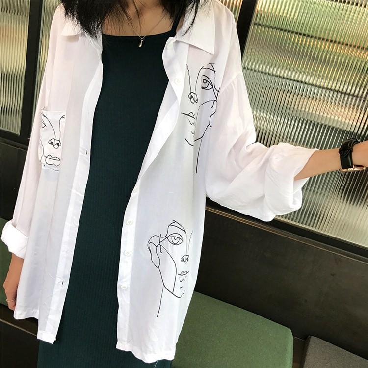 Faces Drawnings Long Oversized Chiffon White Black Collar Blouse