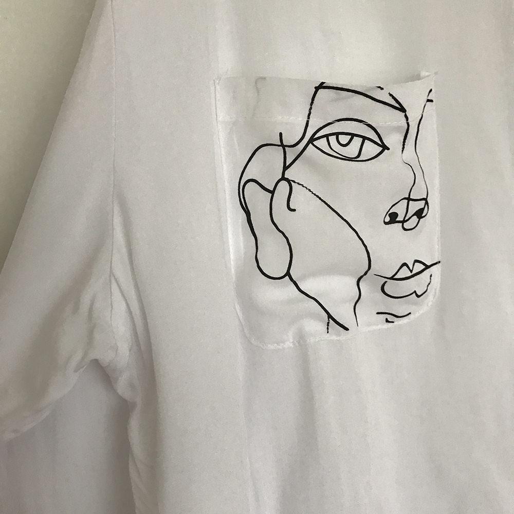 Faces Drawnings Long Oversized Chiffon White Black Collar Blouse