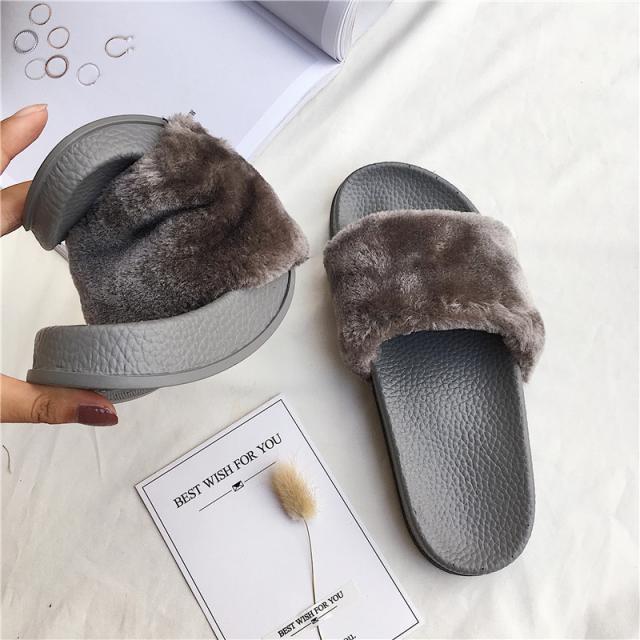 Faux Fluffy Fur Rubber Pink Gray Black Flat Open Sandals